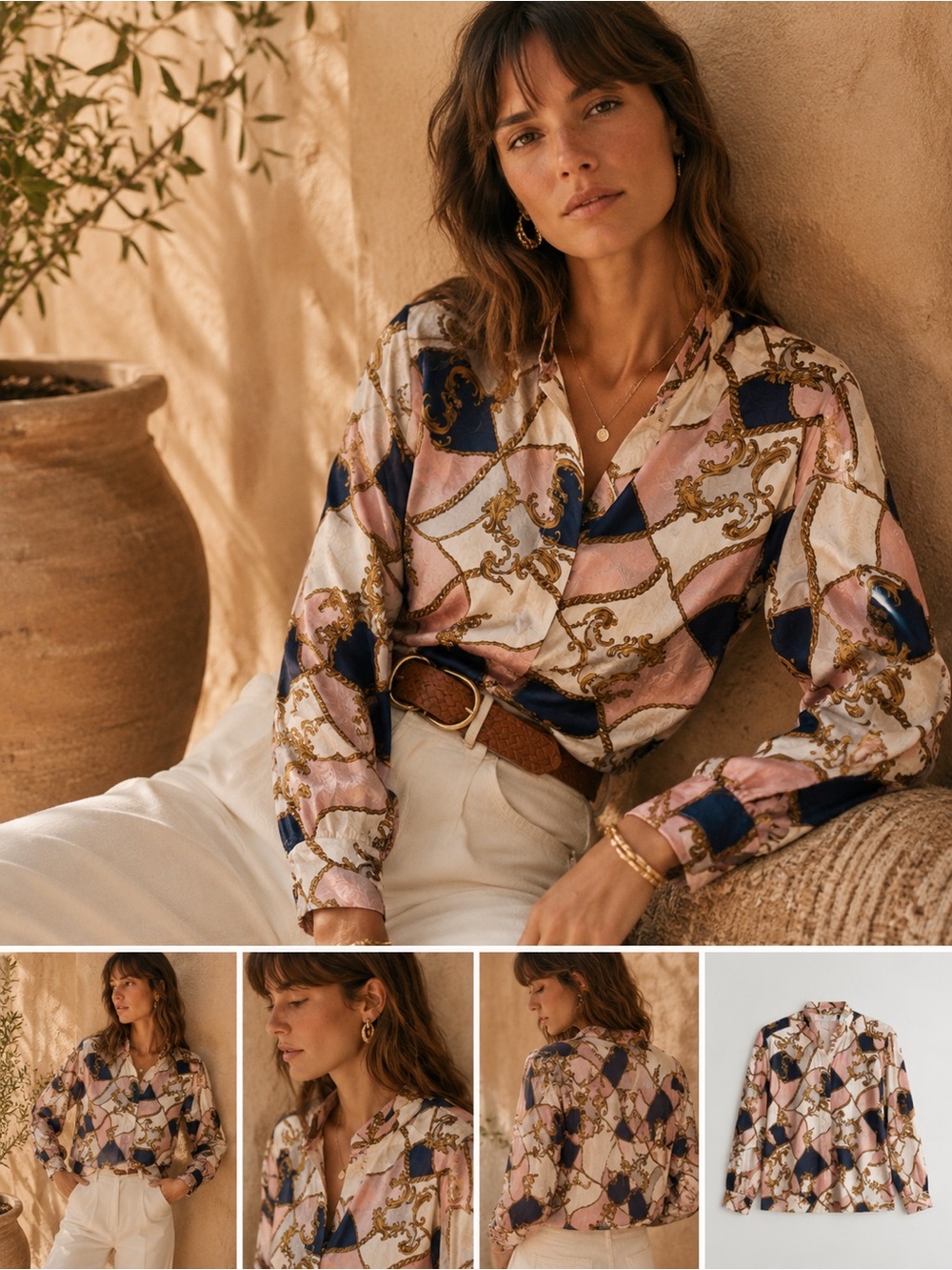 Vintage Chain-Print Silk Vintage Blouse 13 Petite